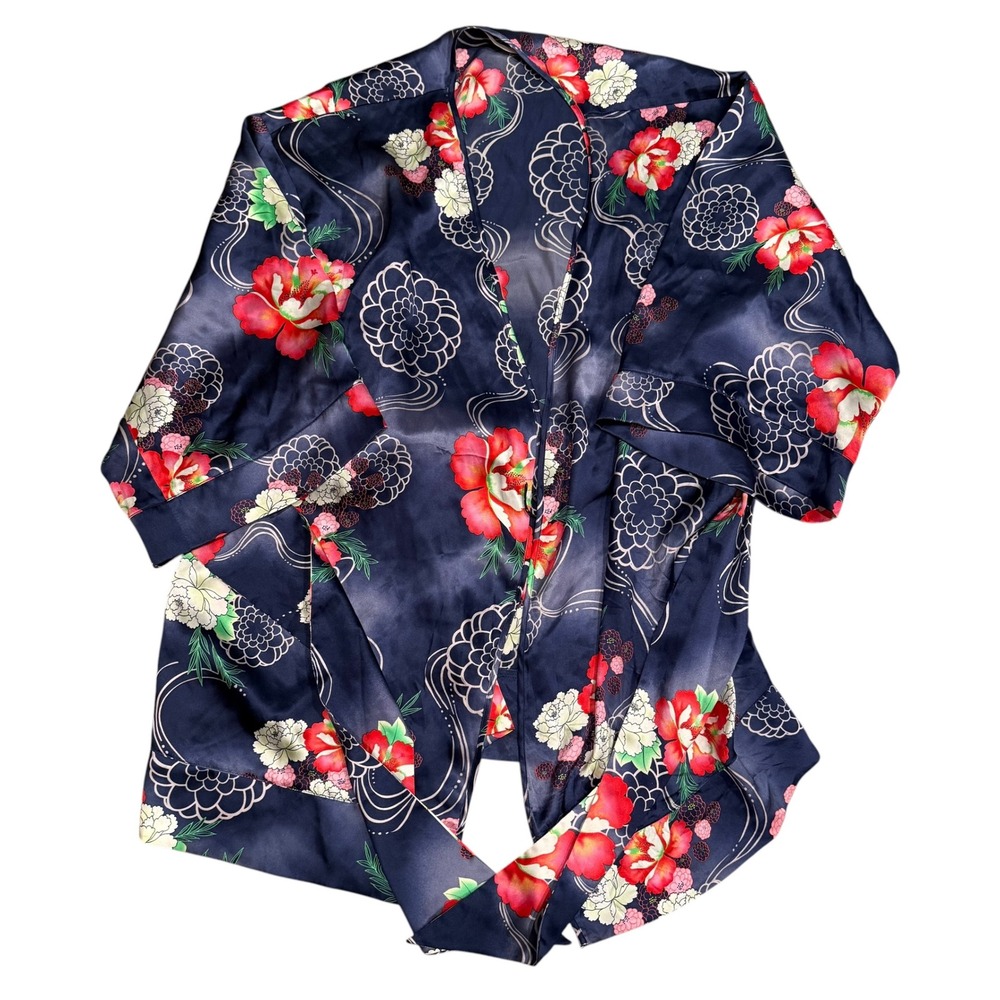 Victoria's Secret Kimono Robe Womens One Size Navy Blue Floral Satin Tie Waist
